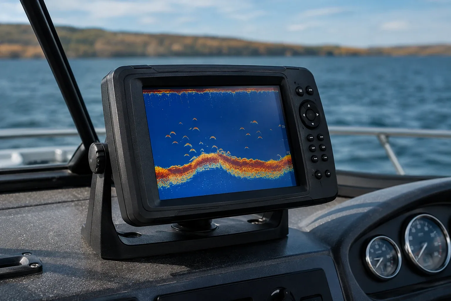 Écran de sondeur GPS affichant le fond et des poissons, en situation sur un bateau