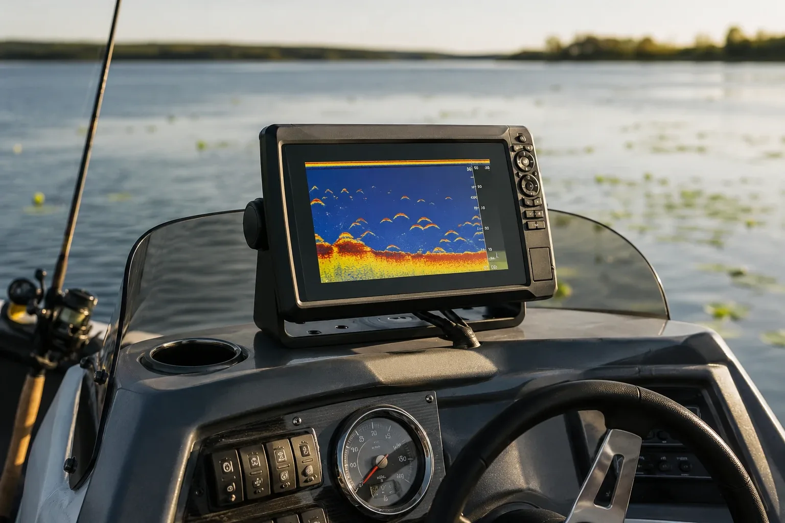 Sondeur GPS monté sur le tableau de bord d'un bateau de pêche