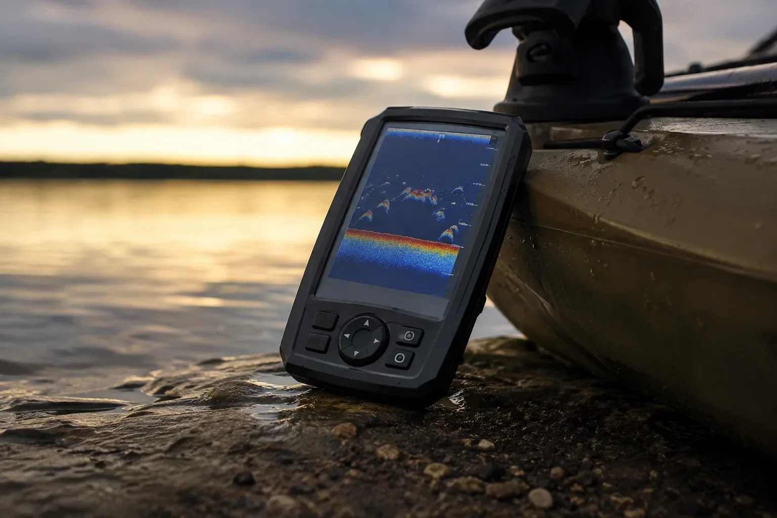 Sondeur portable posé au bord de l'eau